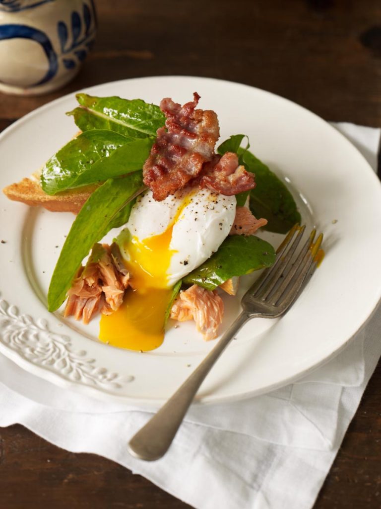 Hot-smoked Salmon with Sorrel, Poached Eggs & Crispy Pancetta