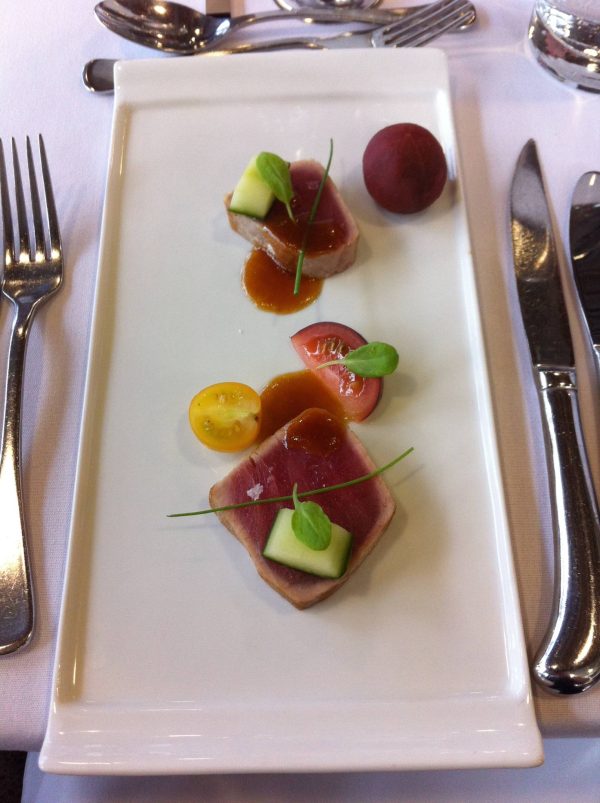 Yellowfin tuna with cucumber, heirloom tomatoes and ginger