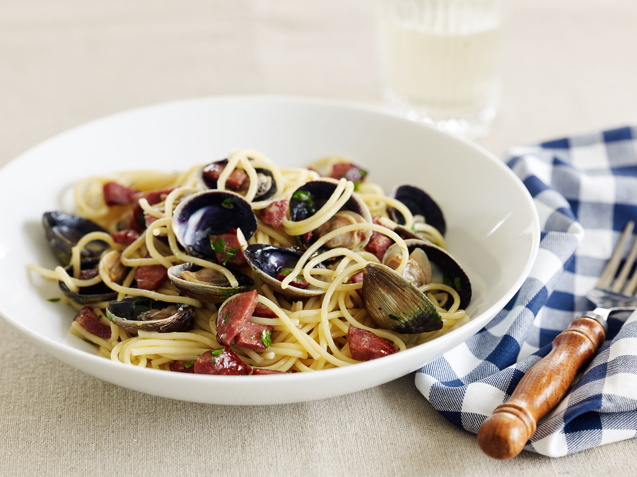 Spaghetti with chorizo & clams