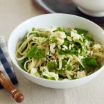 Linguine with rocket, marinated feta, broad beans, pine nuts