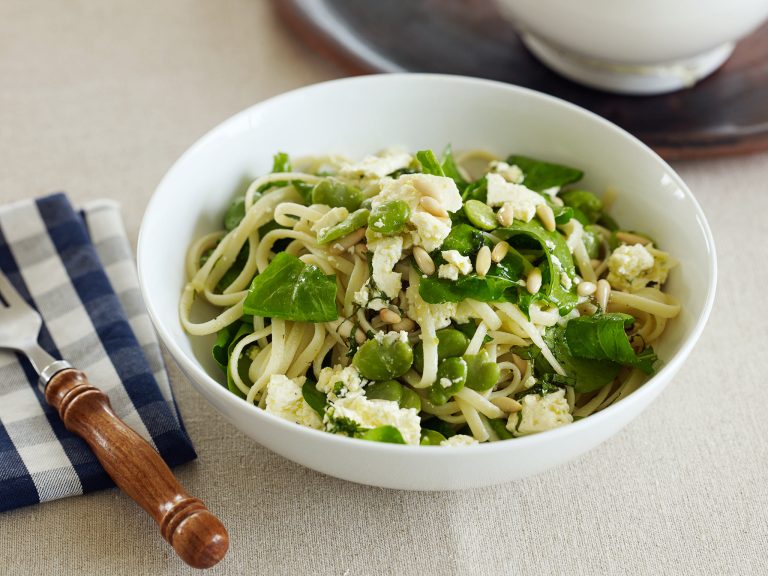 Linguine with Feta, Broad Beans, Pine Nuts & Rocket