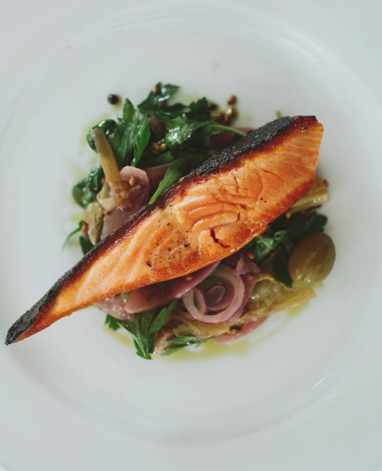 Seared Salmon with Pickled Vegetables & Green Olives