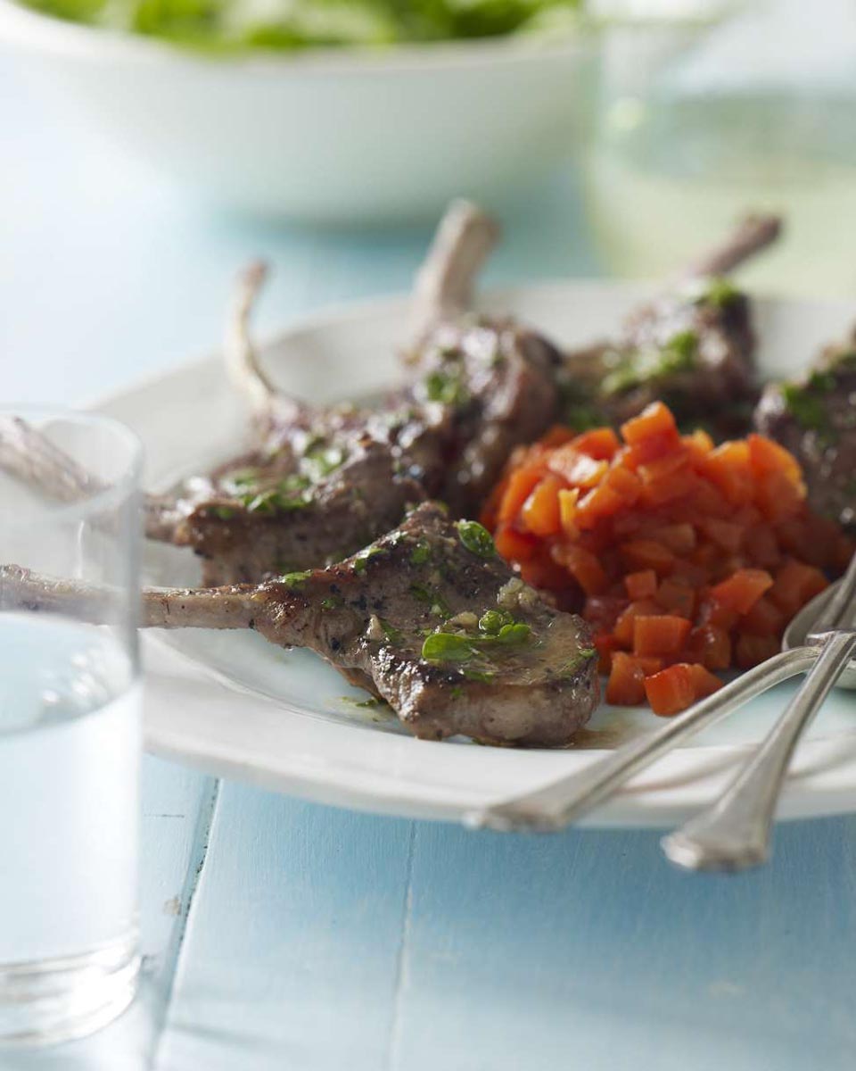 Lamb cutlets with char-grilled red peppers