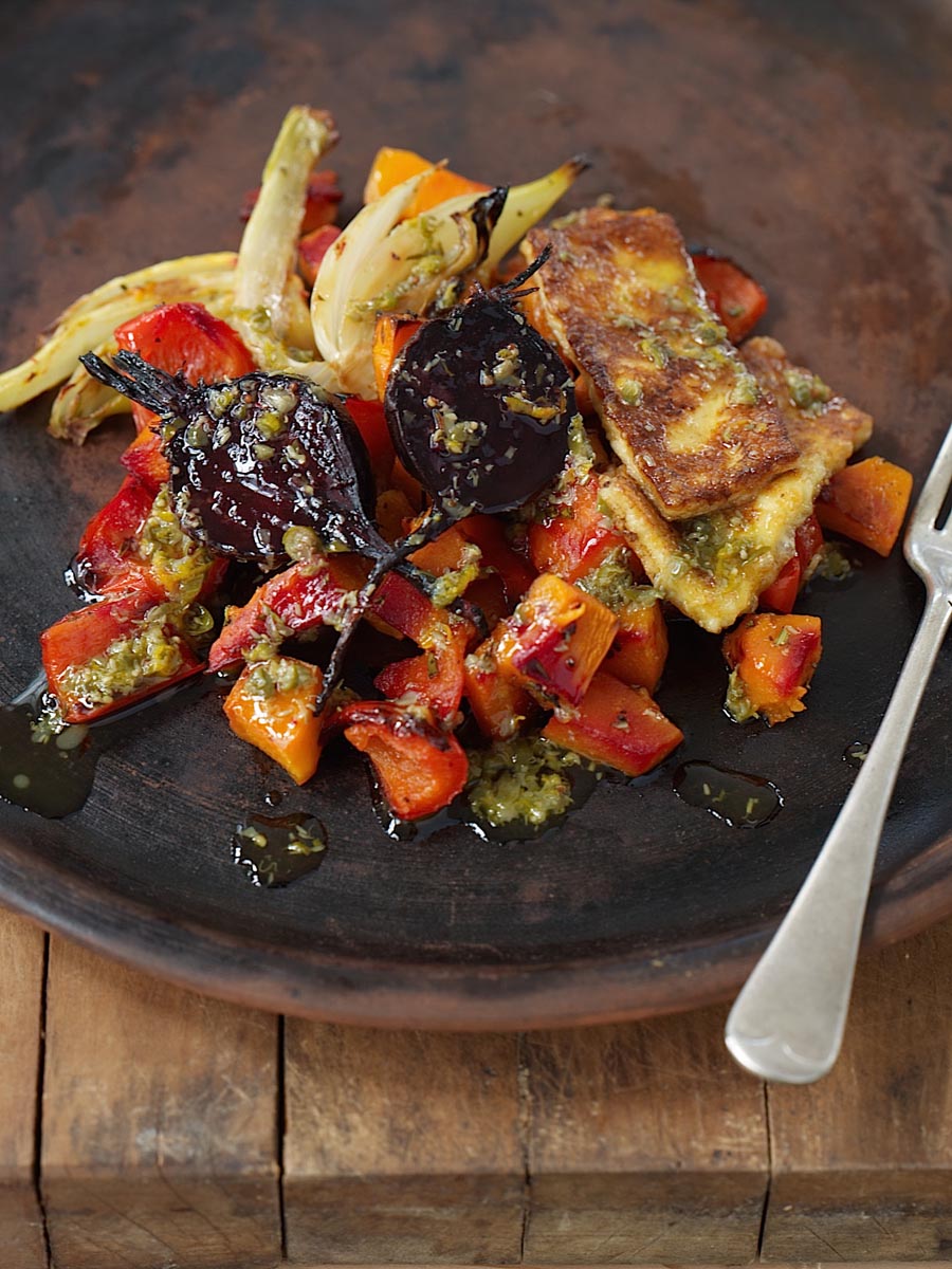 Baked vegetables w sizzled haloumi