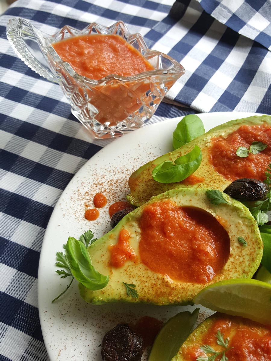 Avocado with gazpacho dressing in jug