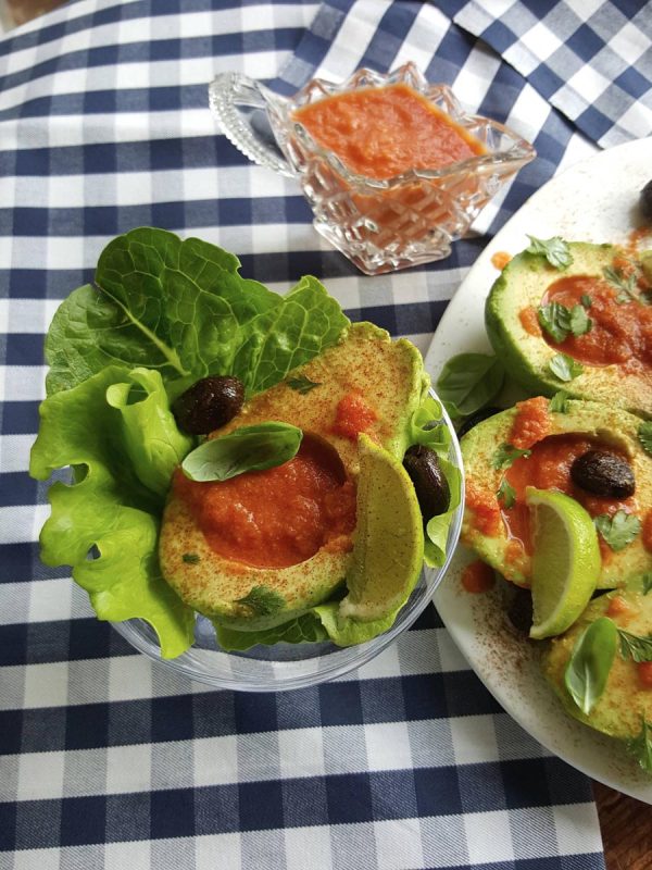 Avocado with gazpacho in dish