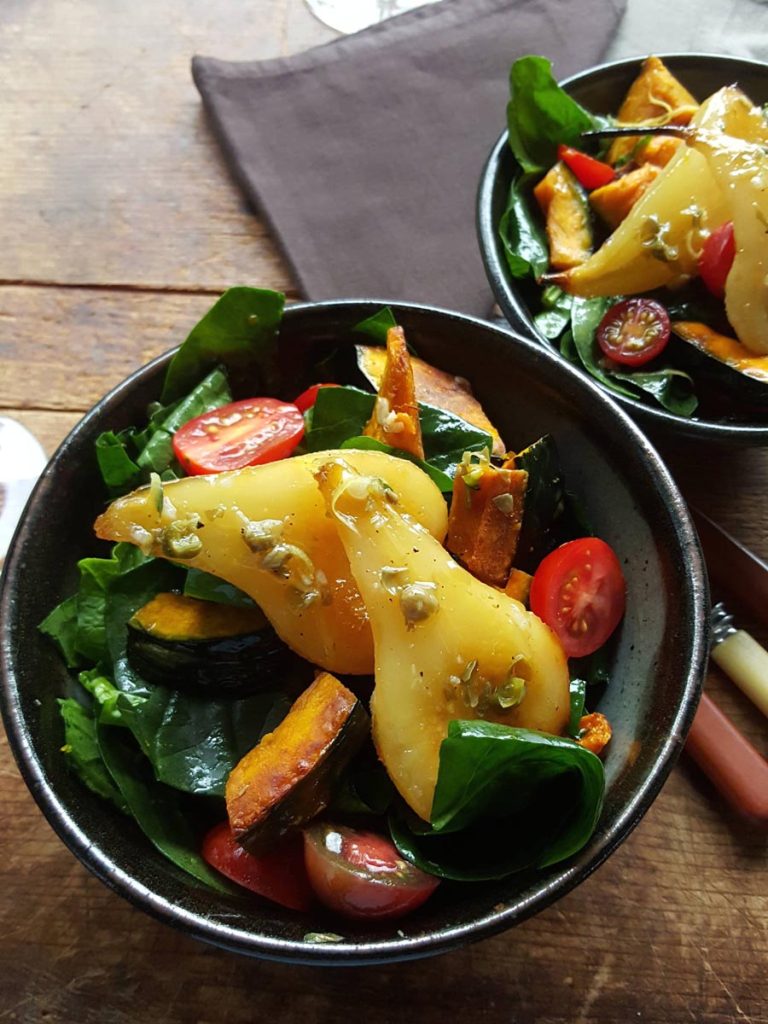 Spinach & Pumpkin Salad with Roasted Honey Pears