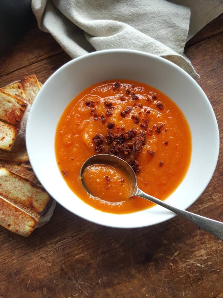 Roasted Capsicum & Butternut Pumpkin Soup with Chorizo Crumb