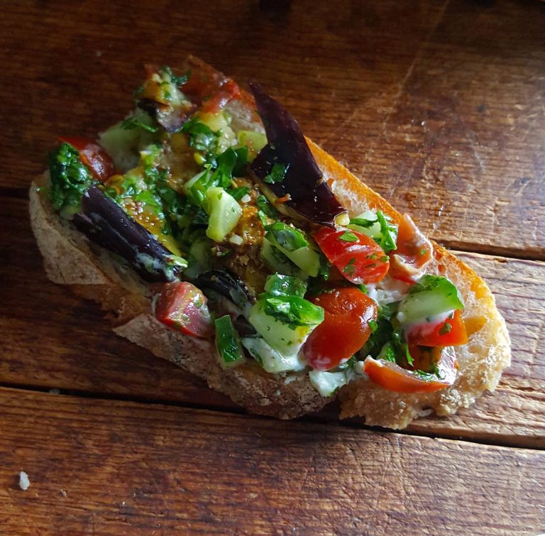 Eggplant with Cucumber & Tomato Salad