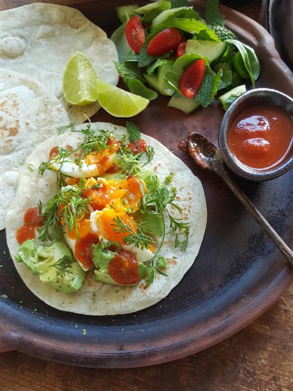 Soft wheat tortillas with eggs & avo