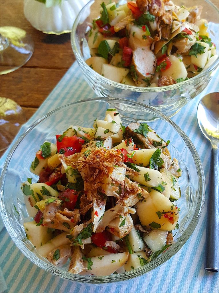 White Peach Salad with Barbecued Chicken Thighs