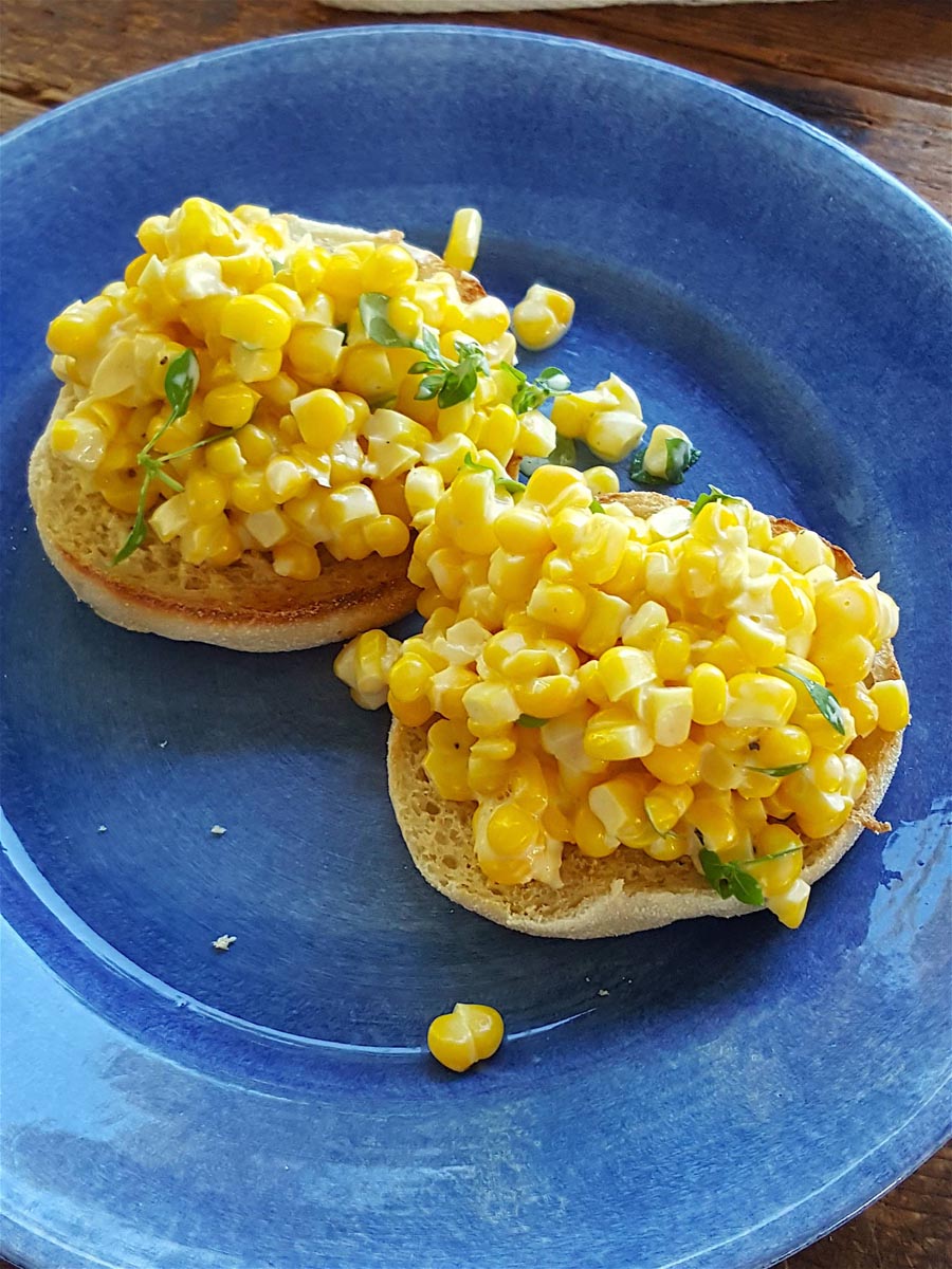 Creamed Sweet Corn on Toasted Muffins