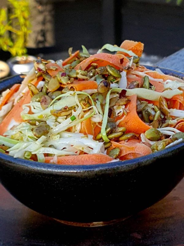 Cabbage & Carrot Slaw with Spicy Pepita Topping