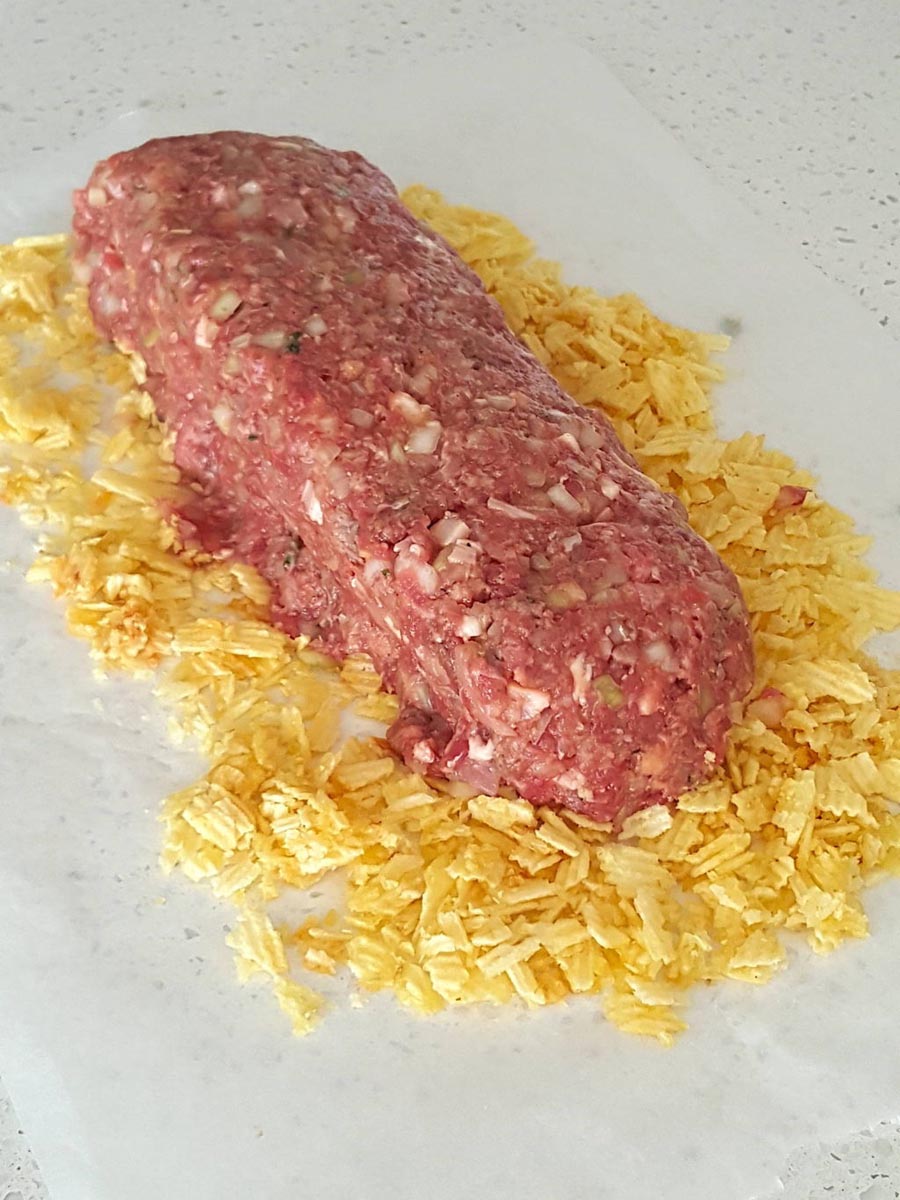 Crumbly Meatloaf rolled in potato crisps