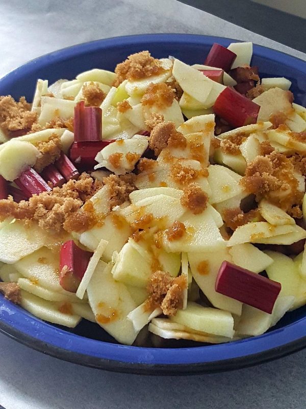 Crumble crisp topping on top of apple & rhubarb