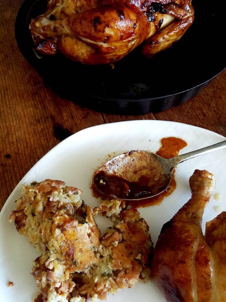 Roasted Chickens with Ricotta, Ham & Hazelnut Stuffing