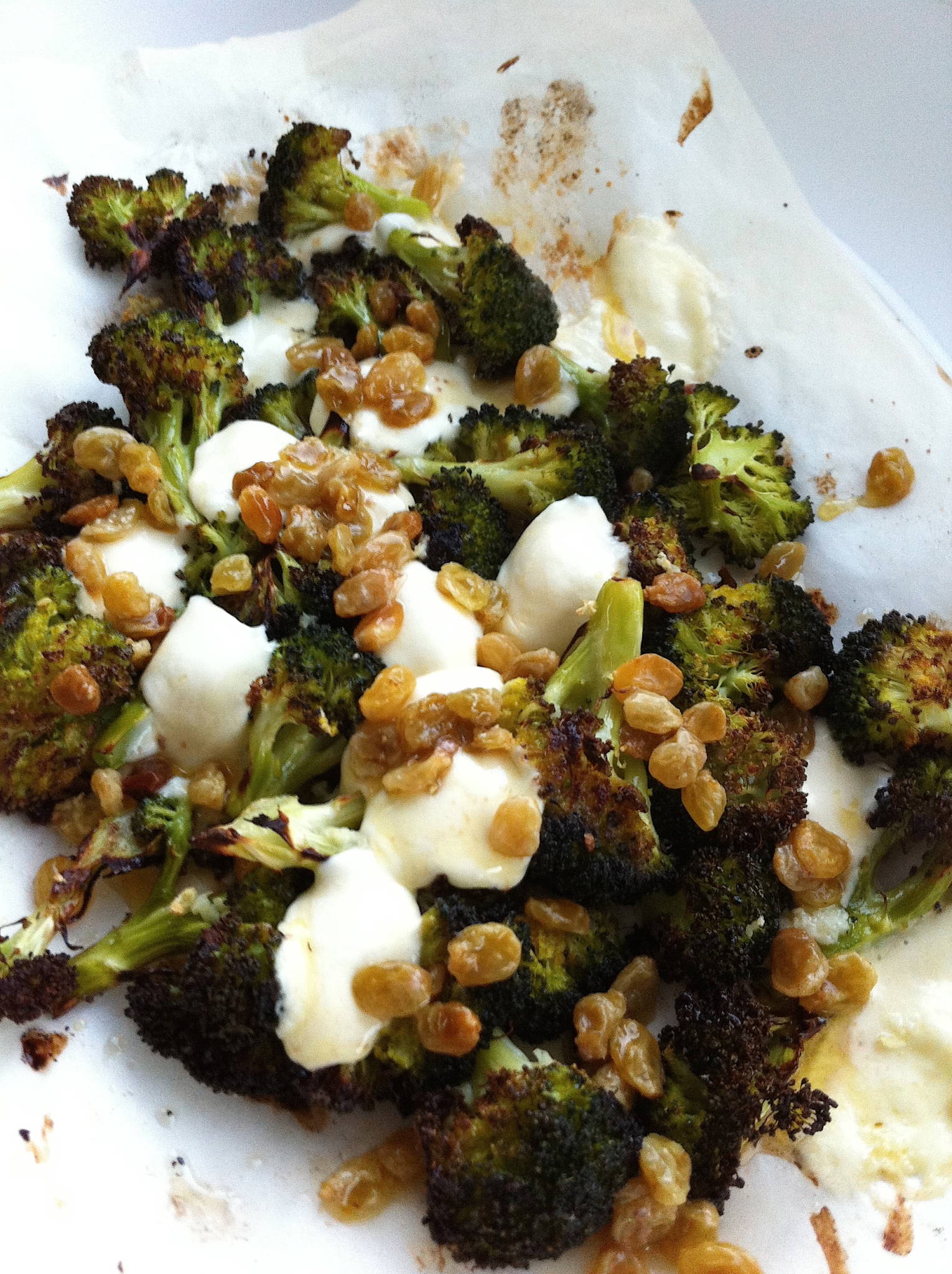 Sultanas with roasted broccoli.