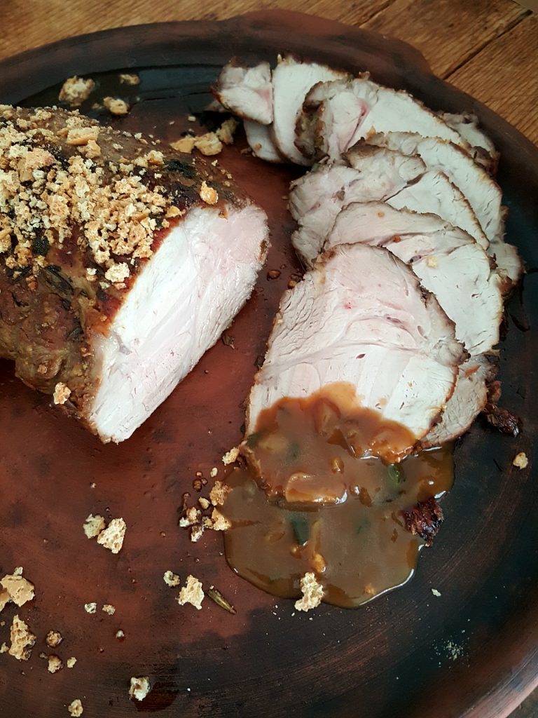 Roasted Pork Scotch Fillet, with  Amaretti & Onion Gravy 