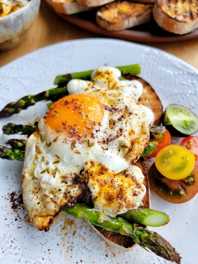 Asparagus with Fried Eggs & Cumin Oil