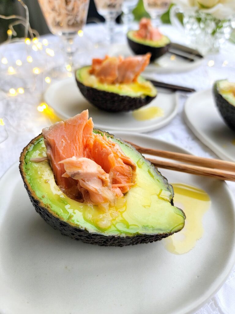 Avocado with Hot-smoked Salmon & Ginger Dressing